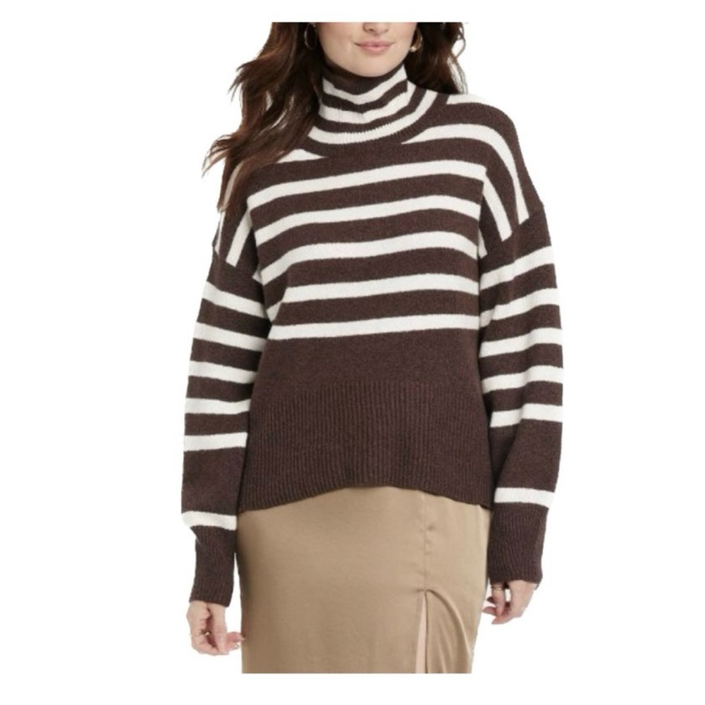 Target a new day Mock Turtleneck Pullover Chocolate Brown Striped Sweater